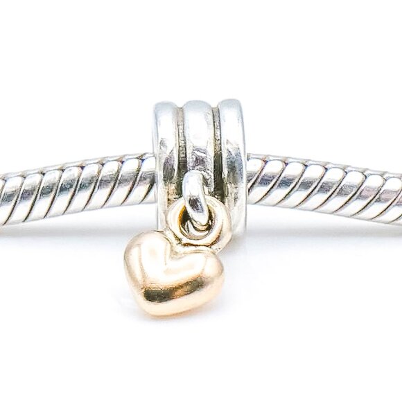 PANDORA Retired Dangling Heart Sterling Silver Dangle Charm With 14K Gold Heart - Picture 1 of 5